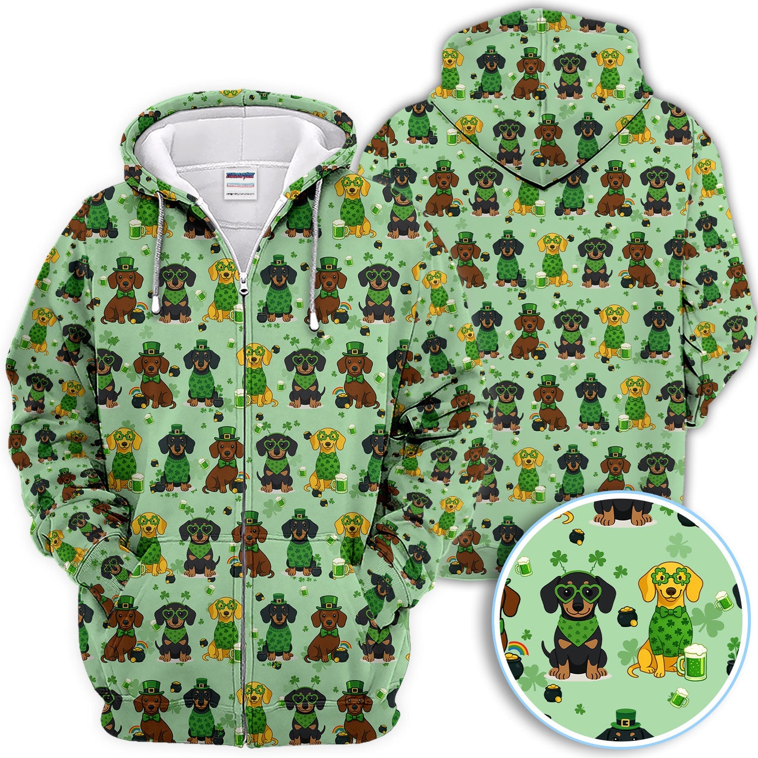 St. Patrick’s Day Dachshund Dog Pattern Golf Shirt, Funny Shamrock Dog Golf Polos For Men, Golf Gift For Golfer