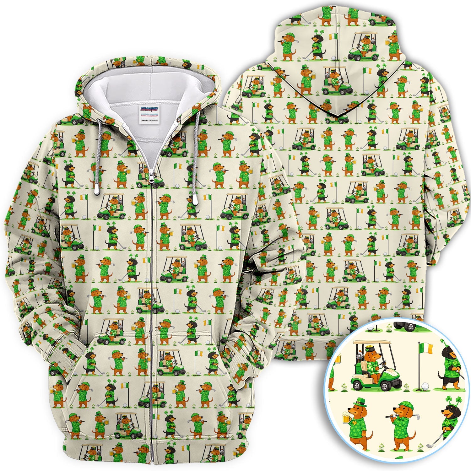 St. Patrick’s Day Dachshund Pattern Golf Polos, Funny Irish Wiener Dog Golf Shirt For Men, Golf Gift For Golfer
