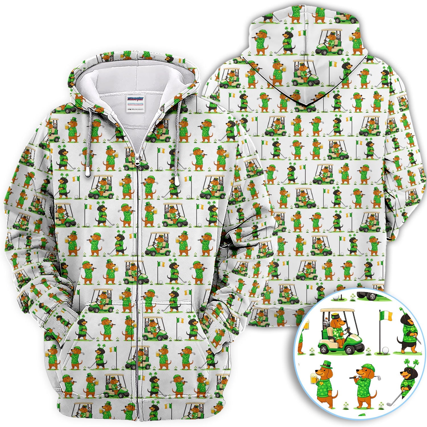 St. Patrick’s Day Dachshund Pattern Golf Polos, Funny Irish Wiener Dog Golf Shirt For Men, Golf Gift For Golfer