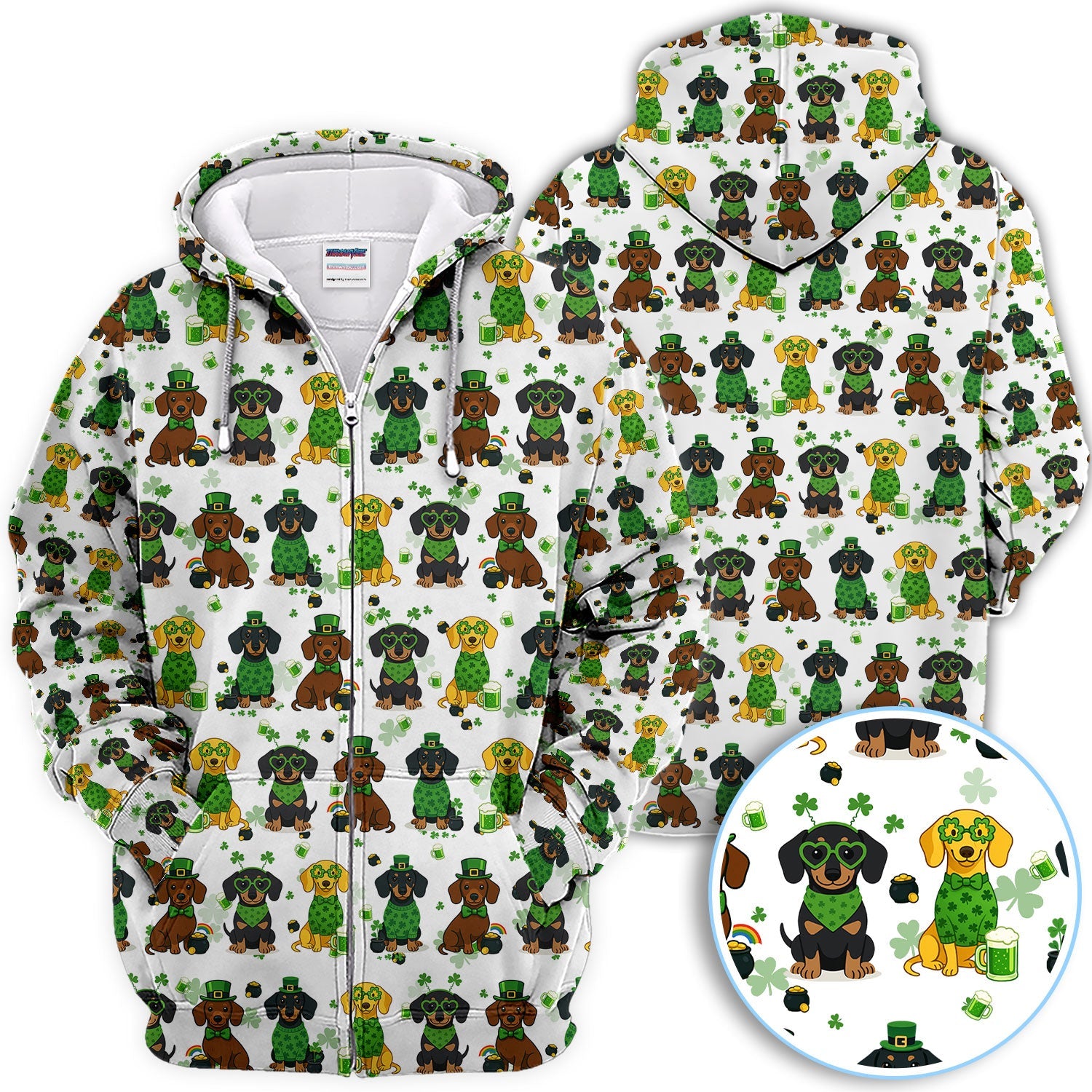St. Patrick’s Day Dachshund Dog Pattern Golf Shirt, Funny Shamrock Dog Golf Polos For Men, Golf Gift For Golfer