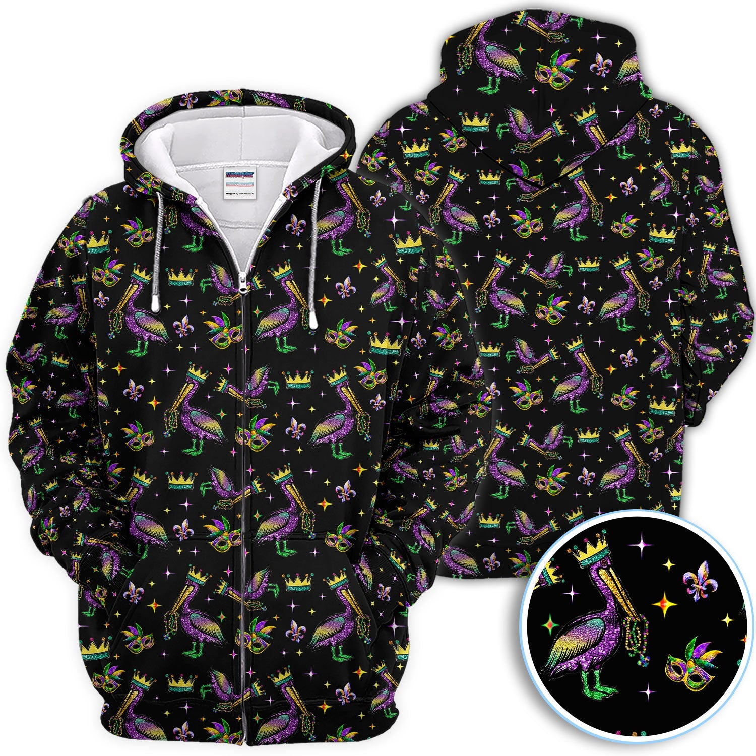 Mardi Gras Pelican Pattern Golf Polos, Funny Pelican Golf Shirt For Men, Crazy Golf Gift For Golfer