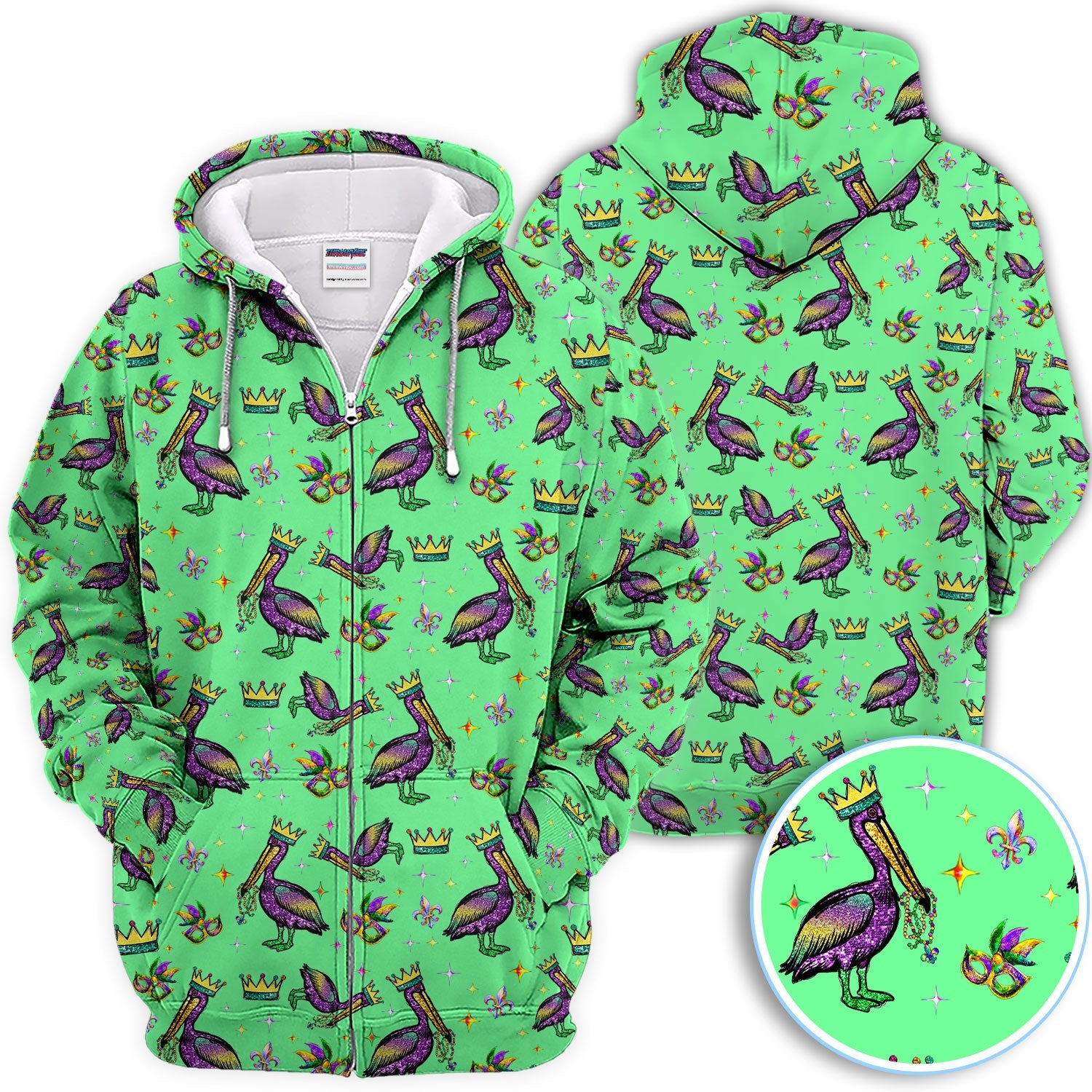 Mardi Gras Pelican Pattern Golf Polos, Funny Pelican Golf Shirt For Men, Crazy Golf Gift For Golfer