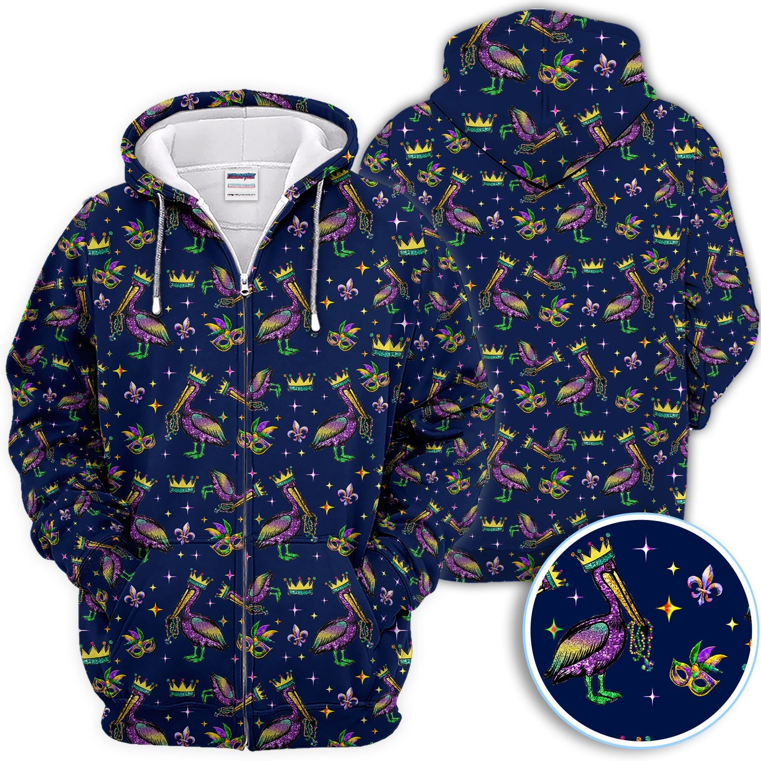Mardi Gras Pelican Pattern Golf Polos, Funny Pelican Golf Shirt For Men, Crazy Golf Gift For Golfer