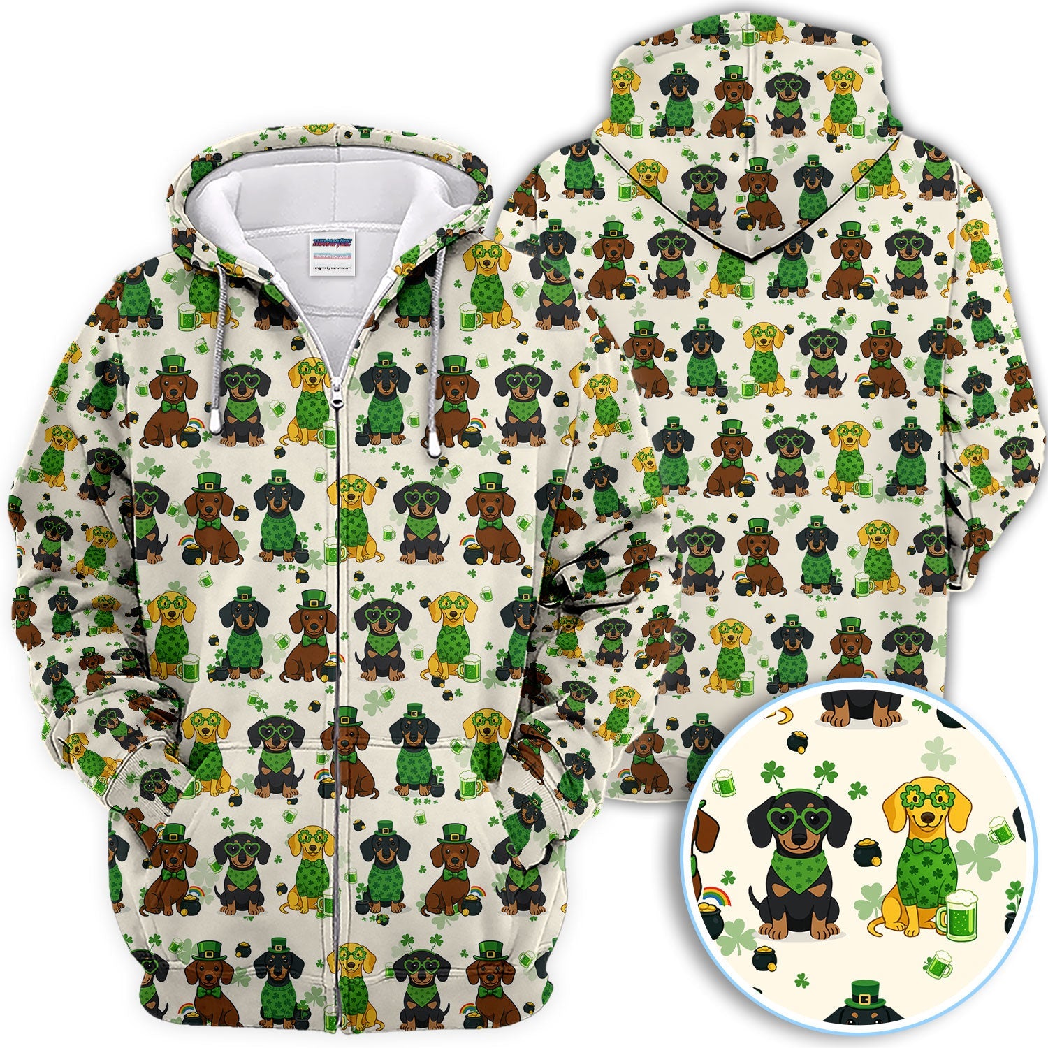 St. Patrick’s Day Dachshund Dog Pattern Golf Shirt, Funny Shamrock Dog Golf Polos For Men, Golf Gift For Golfer