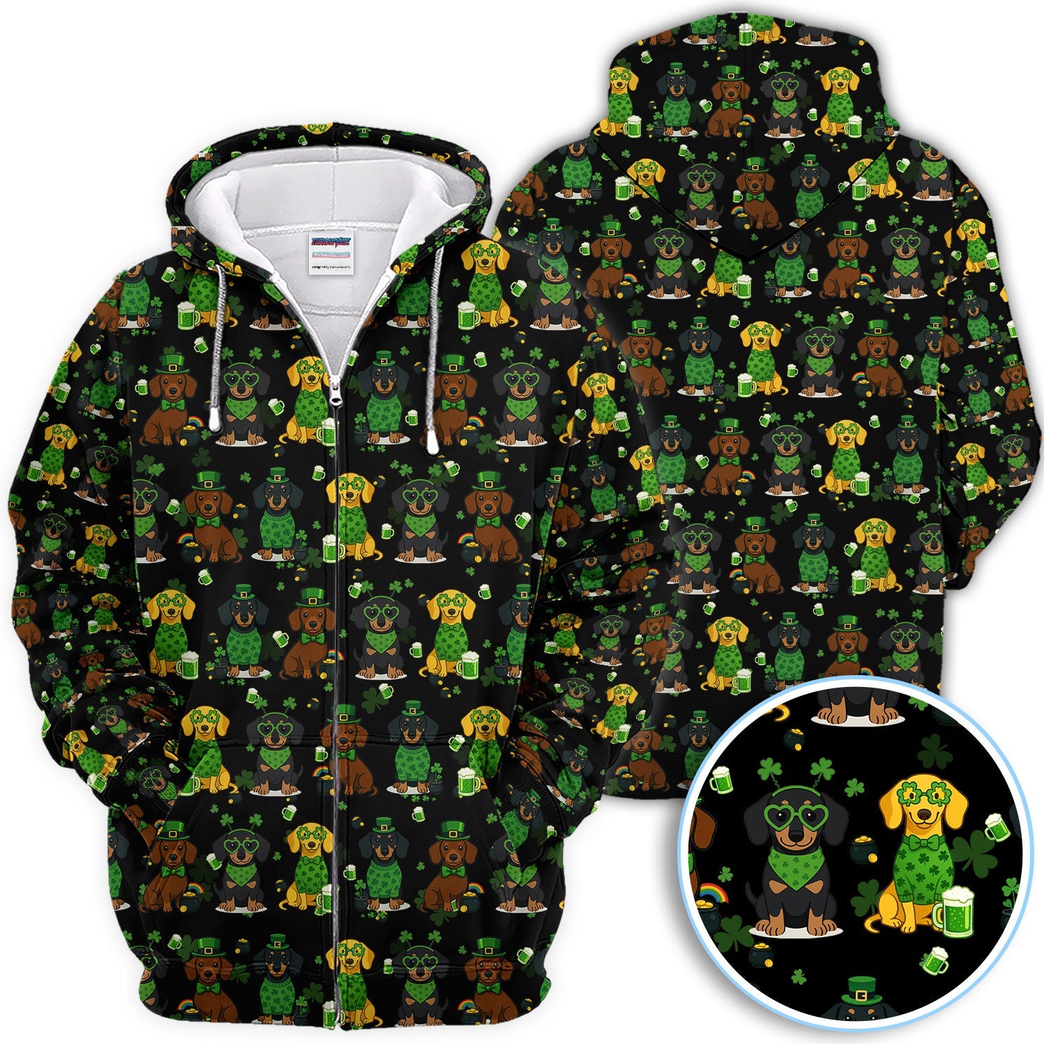 St. Patrick’s Day Dachshund Dog Pattern Golf Shirt, Funny Shamrock Dog Golf Polos For Men, Golf Gift For Golfer
