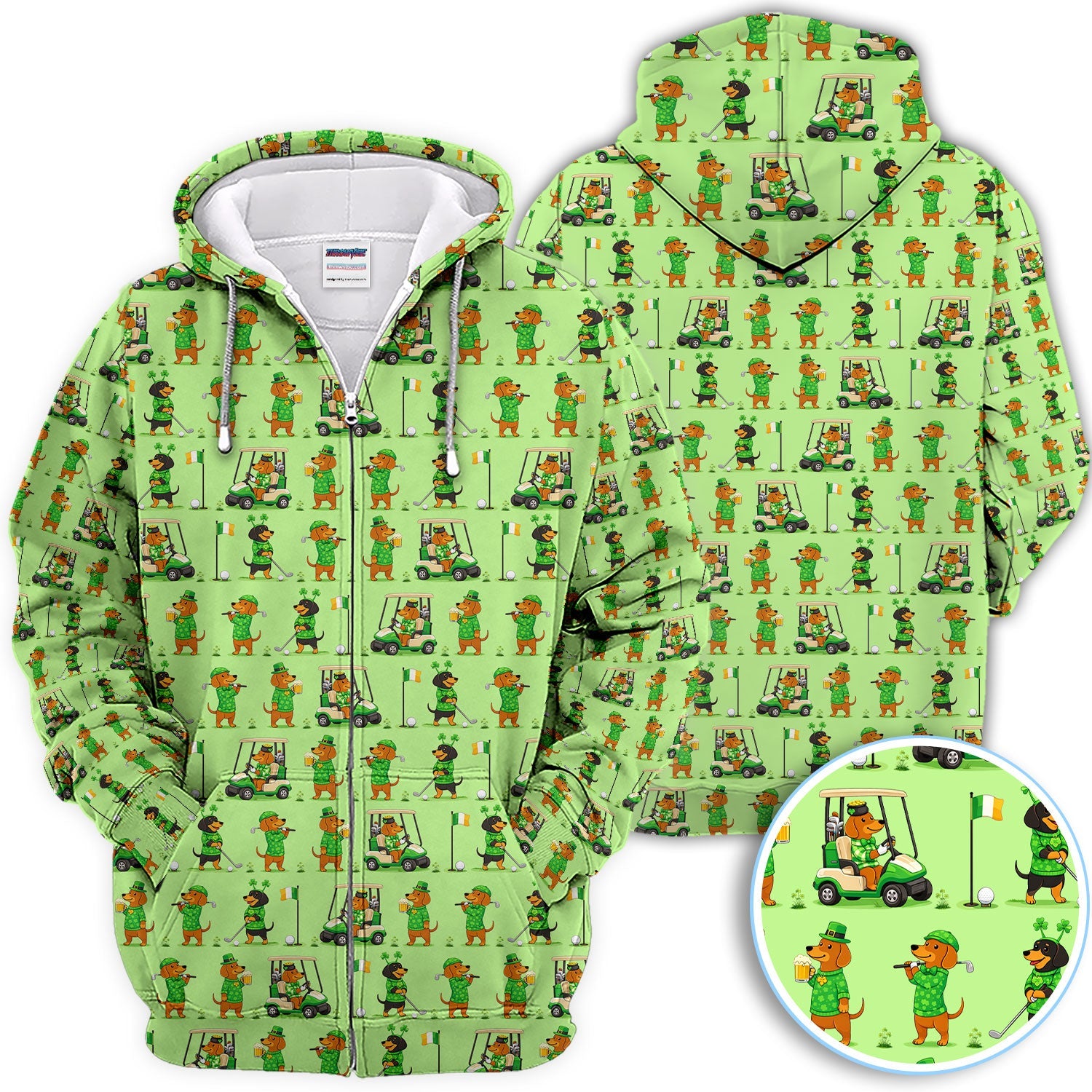 St. Patrick’s Day Dachshund Pattern Golf Polos, Funny Irish Wiener Dog Golf Shirt For Men, Golf Gift For Golfer