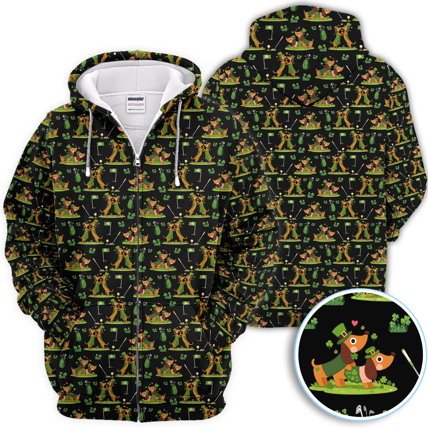 Cute Dachshund St Patrick Pattern Golf Shirt, Wiener Dog Golf Shirt, Golf Gift For Men
