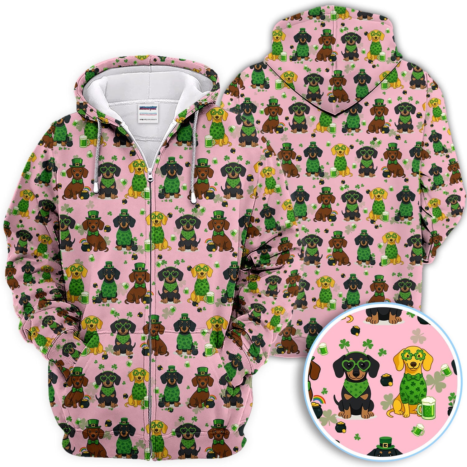 St. Patrick’s Day Dachshund Dog Pattern Golf Shirt, Funny Shamrock Dog Golf Polos For Men, Golf Gift For Golfer
