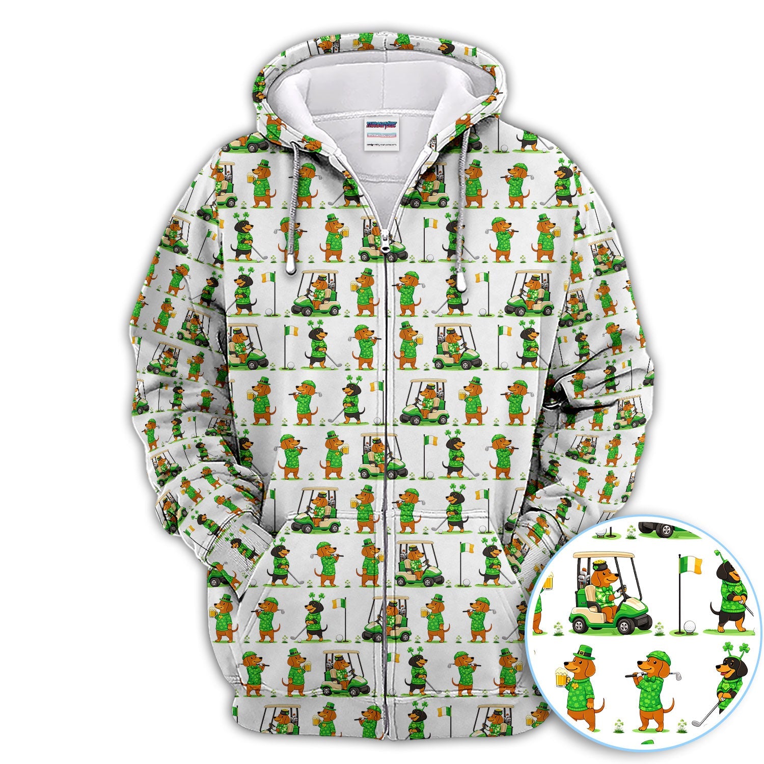 St. Patrick’s Day Dachshund Pattern Golf Polos, Funny Irish Wiener Dog Golf Shirt For Men, Golf Gift For Golfer