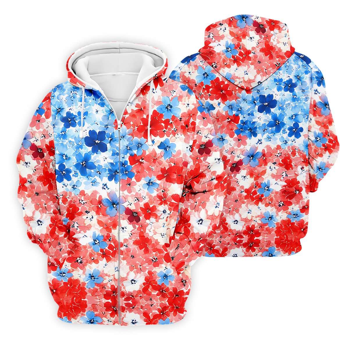 Patriotic Floral Golf Shirt, Red White Blue Blossom Pattern, Golf Shirt For Men