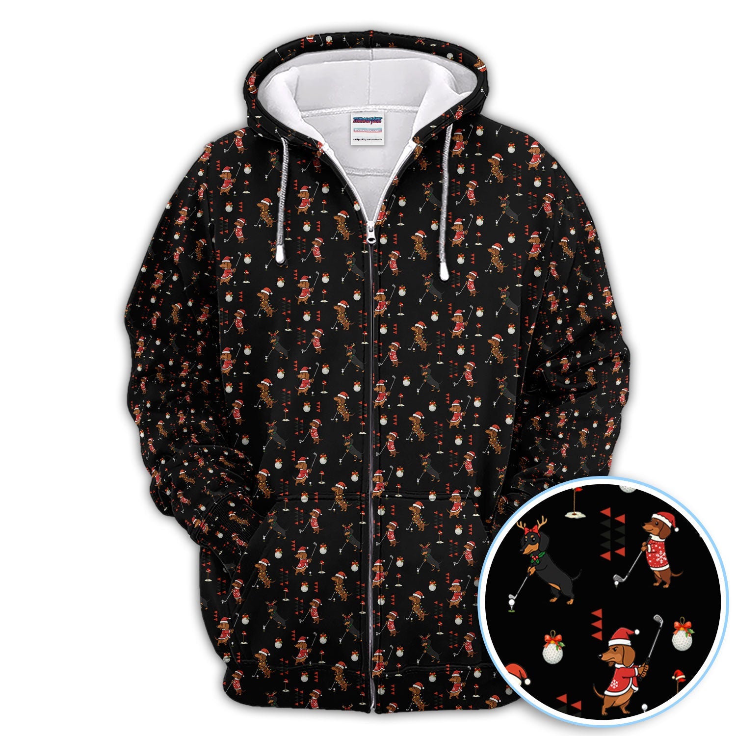 Christmas Dachshund Pattern Polos, Funny Xmas Wiener Dog Golf Shirt, Festive Golf Gift For Men