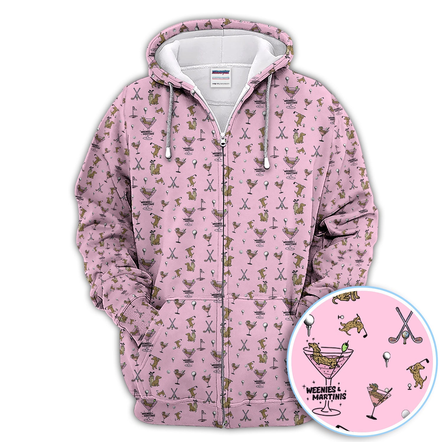 Funny Dachshund Golf Polos, Weenies Dog And Martinis Pattern Shirt For Men, Crazy Golf Shirt For Golfer