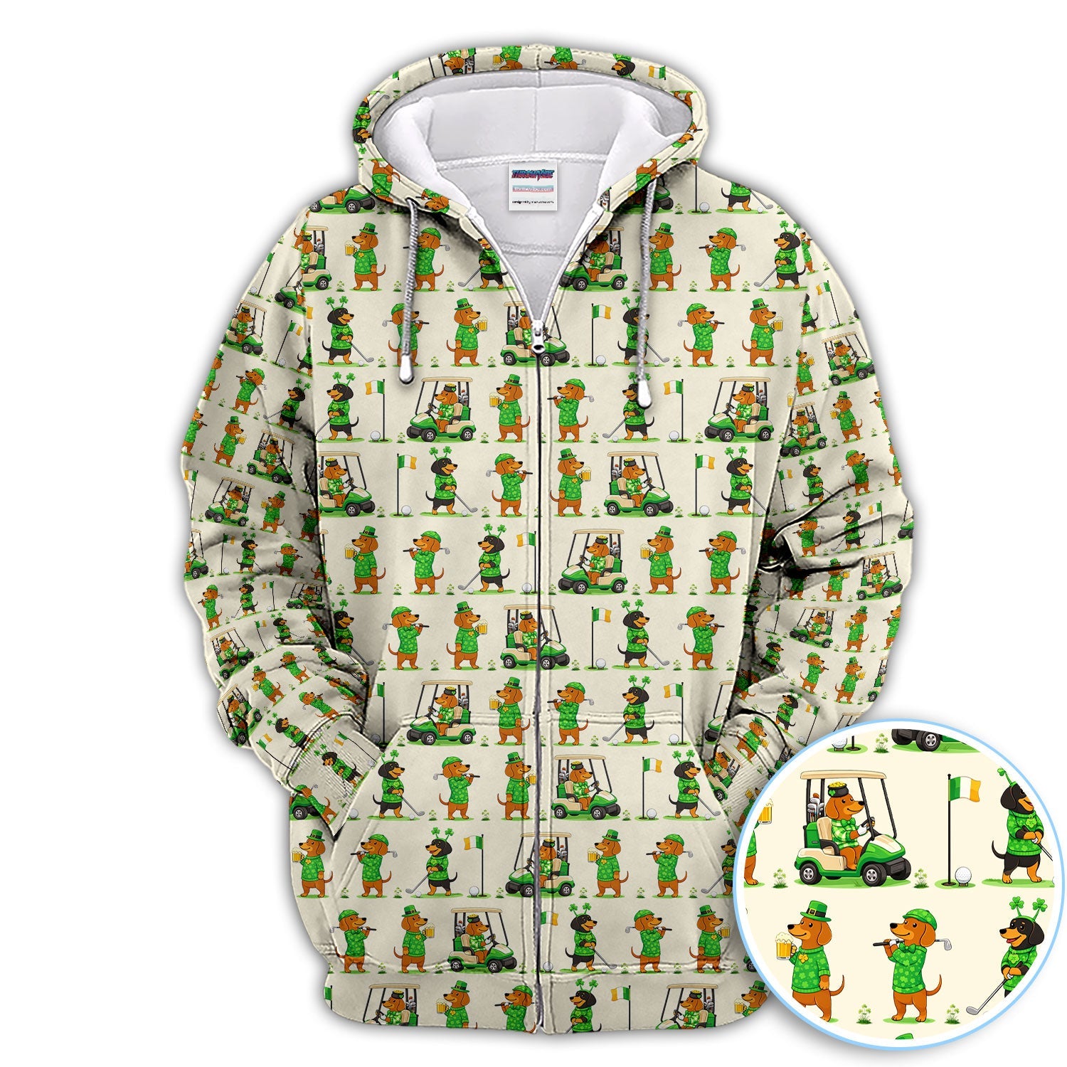 St. Patrick’s Day Dachshund Pattern Golf Polos, Funny Irish Wiener Dog Golf Shirt For Men, Golf Gift For Golfer