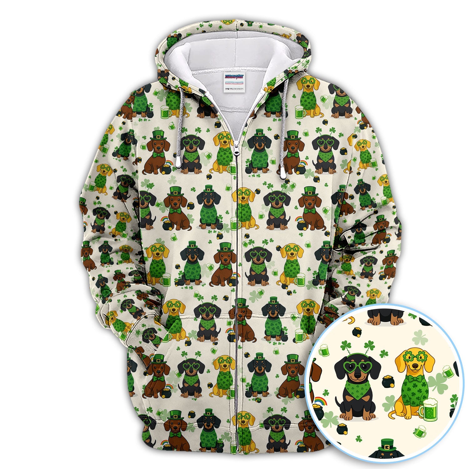 St. Patrick’s Day Dachshund Dog Pattern Golf Shirt, Funny Shamrock Dog Golf Polos For Men, Golf Gift For Golfer