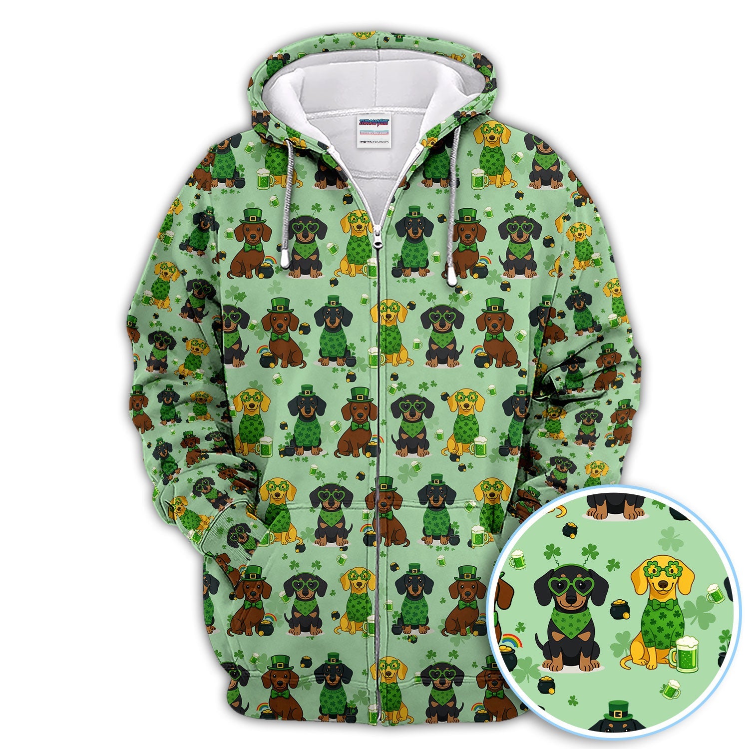 St. Patrick’s Day Dachshund Dog Pattern Golf Shirt, Funny Shamrock Dog Golf Polos For Men, Golf Gift For Golfer