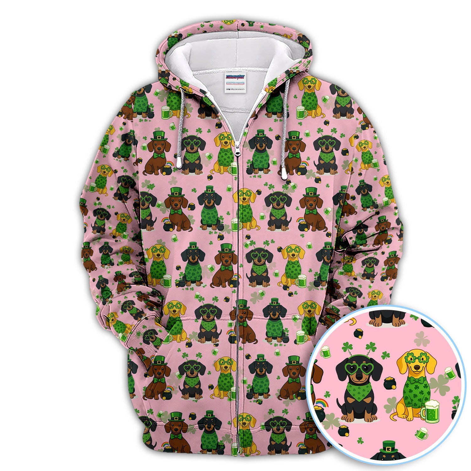 St. Patrick’s Day Dachshund Dog Pattern Golf Shirt, Funny Shamrock Dog Golf Polos For Men, Golf Gift For Golfer