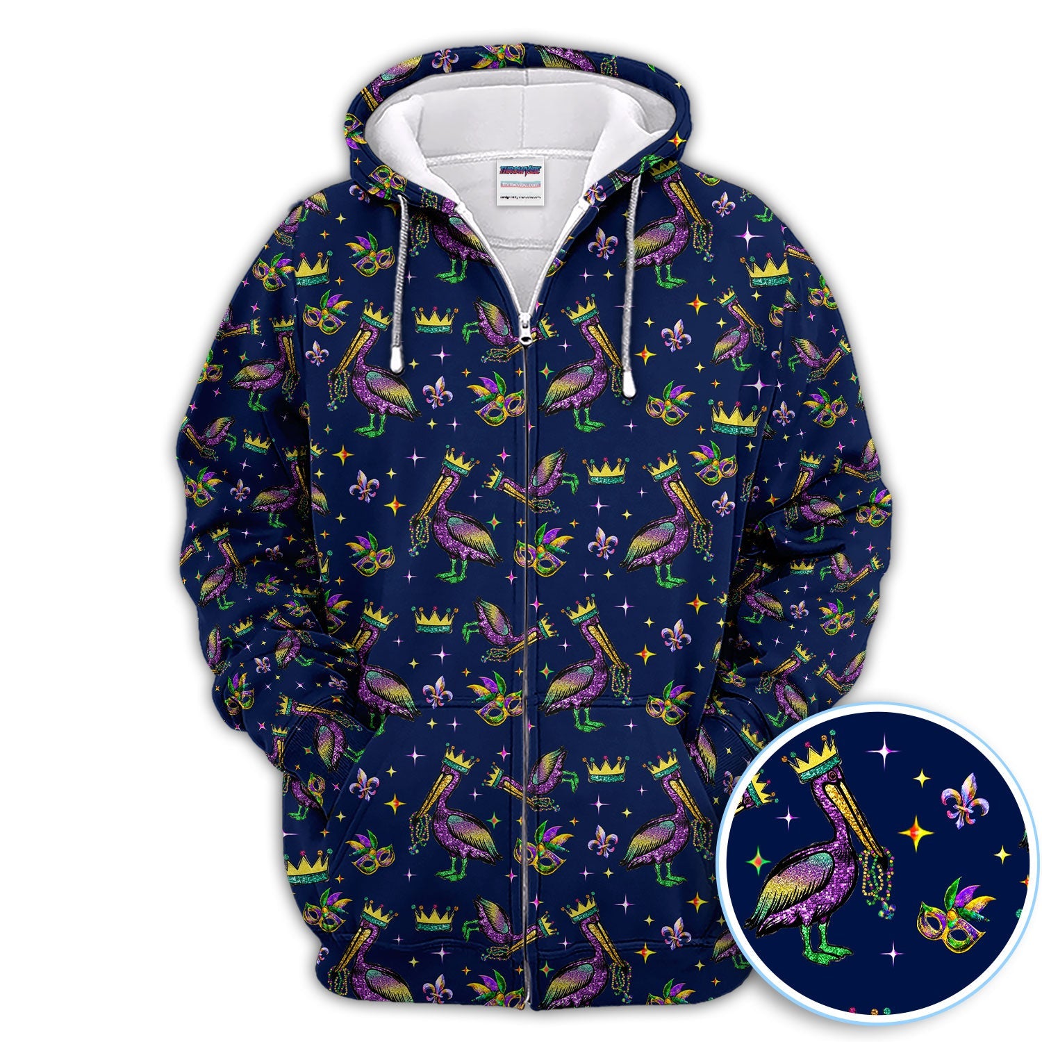 Mardi Gras Pelican Pattern Golf Polos, Funny Pelican Golf Shirt For Men, Crazy Golf Gift For Golfer
