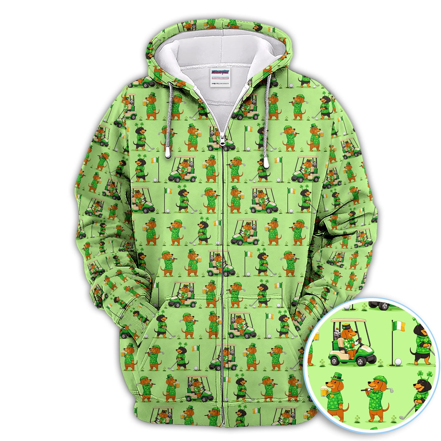 St. Patrick’s Day Dachshund Pattern Golf Polos, Funny Irish Wiener Dog Golf Shirt For Men, Golf Gift For Golfer