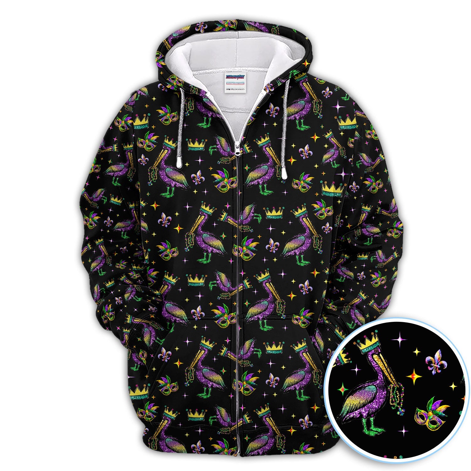 Mardi Gras Pelican Pattern Golf Polos, Funny Pelican Golf Shirt For Men, Crazy Golf Gift For Golfer