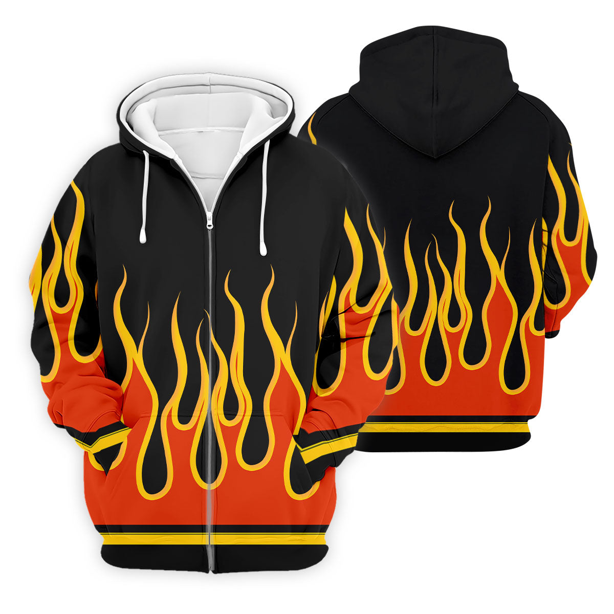 Black Orange Yellow Flame Sleeve Golf Shirt, Mens Golf Polo, Printed Golf Shirts