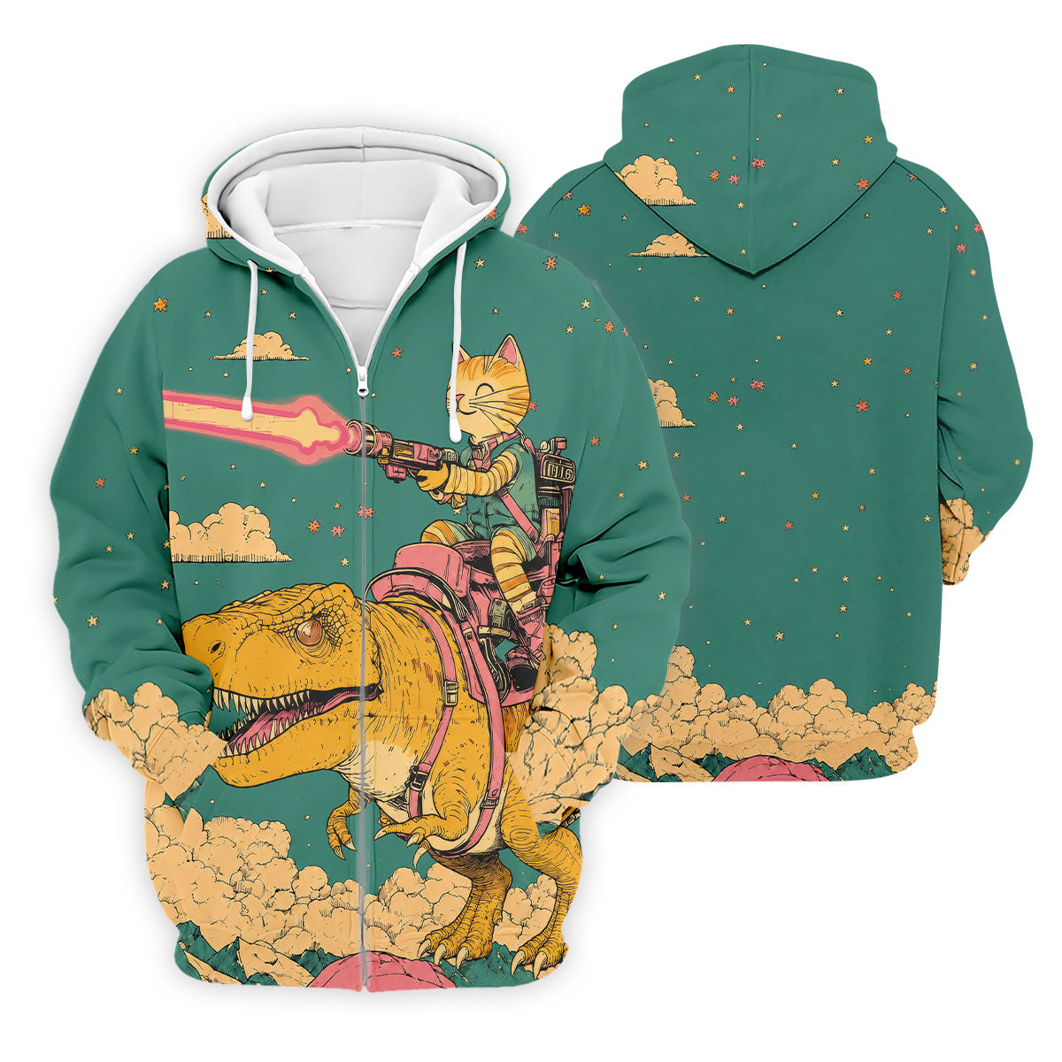 Laser Cat Dinosaur Golf Shirt, Retro Sci Fi T Rex Adventure Pattern, Golf Shirt For Men
