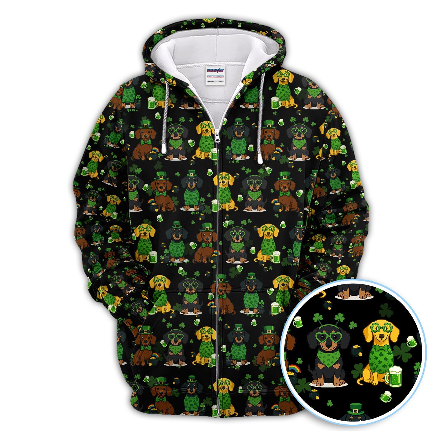 St. Patrick’s Day Dachshund Dog Pattern Golf Shirt, Funny Shamrock Dog Golf Polos For Men, Golf Gift For Golfer