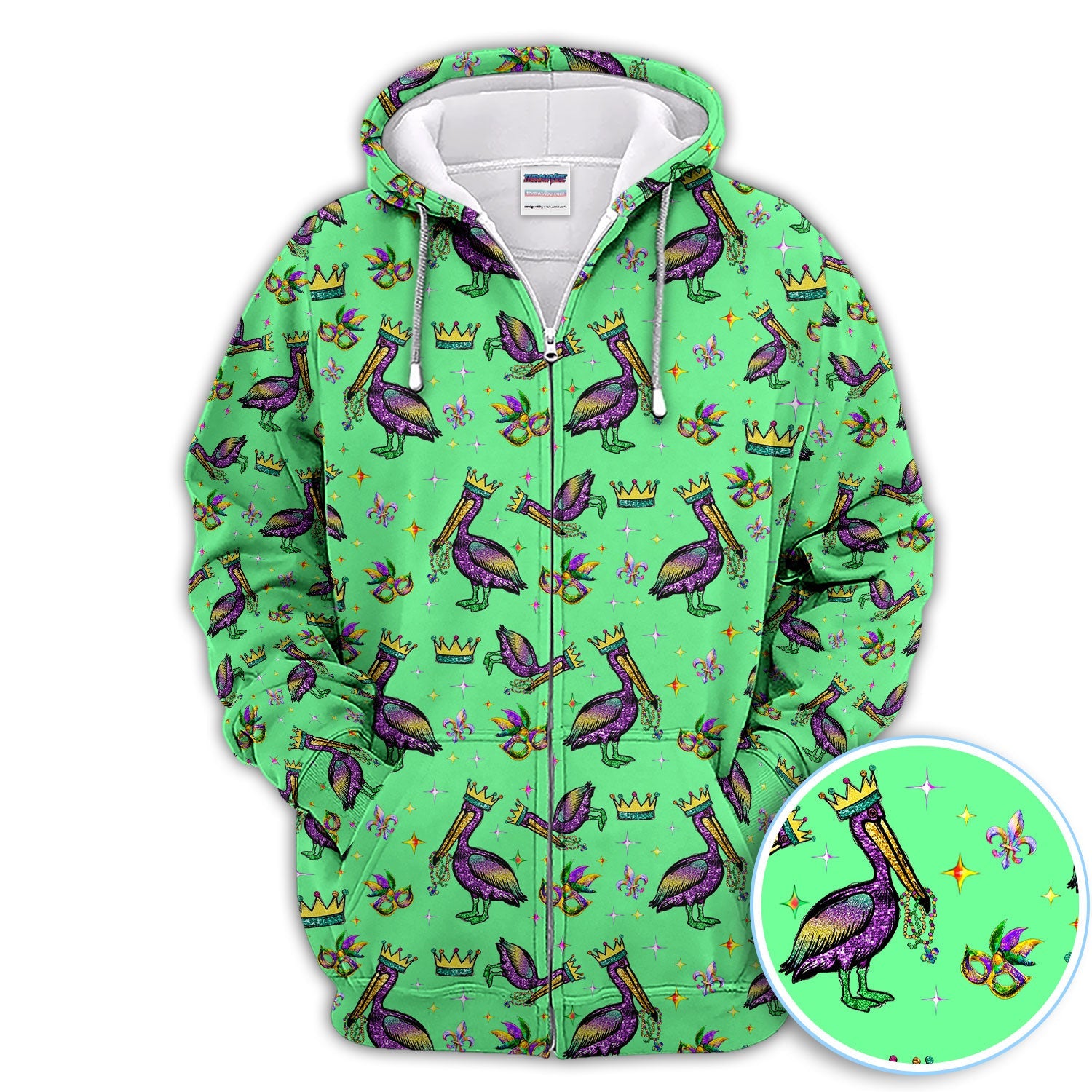 Mardi Gras Pelican Pattern Golf Polos, Funny Pelican Golf Shirt For Men, Crazy Golf Gift For Golfer
