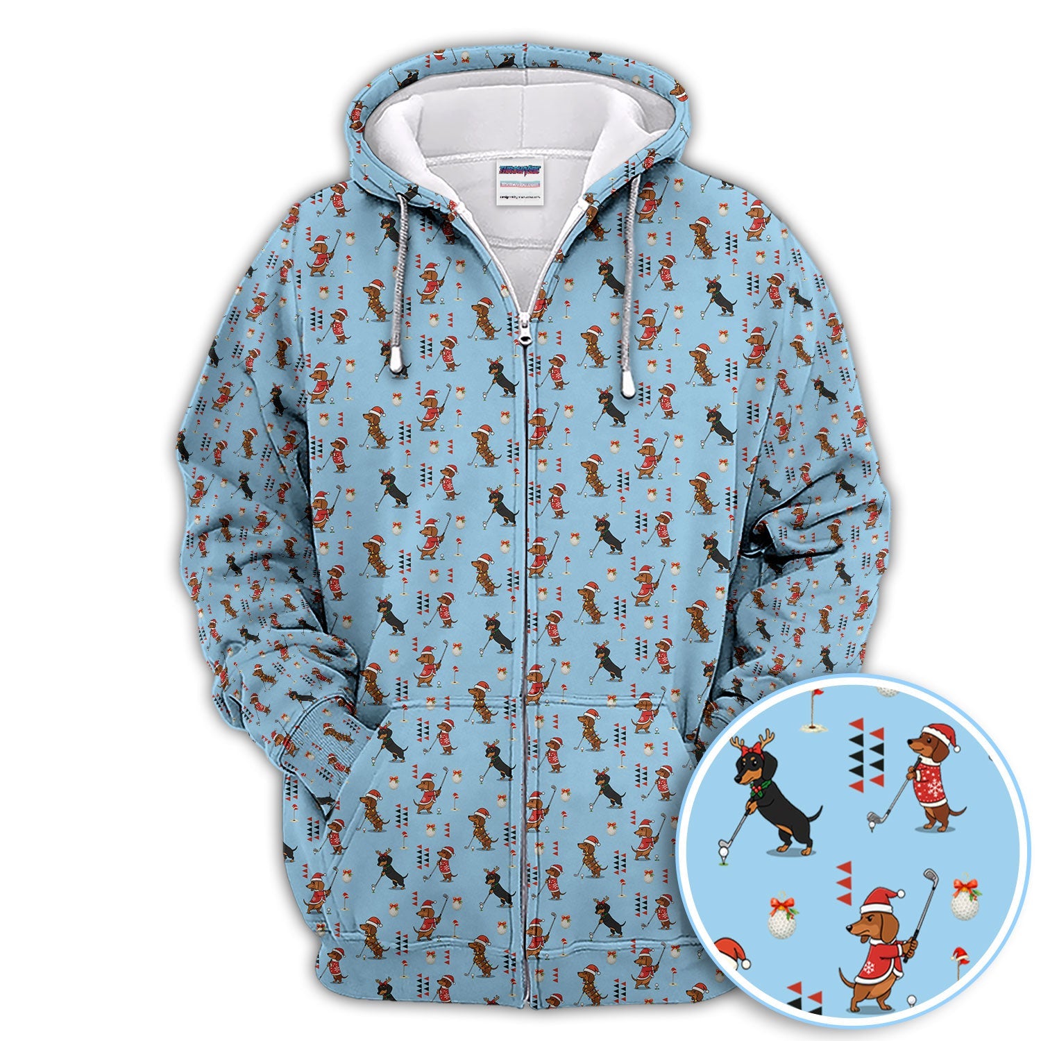 Christmas Dachshund Pattern Polos, Funny Xmas Wiener Dog Golf Shirt, Festive Golf Gift For Men
