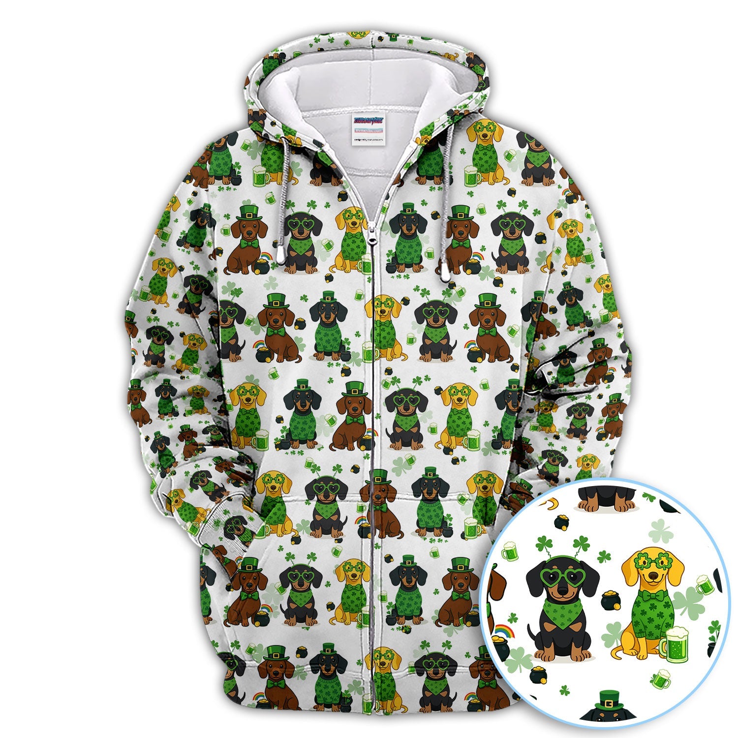 St. Patrick’s Day Dachshund Dog Pattern Golf Shirt, Funny Shamrock Dog Golf Polos For Men, Golf Gift For Golfer