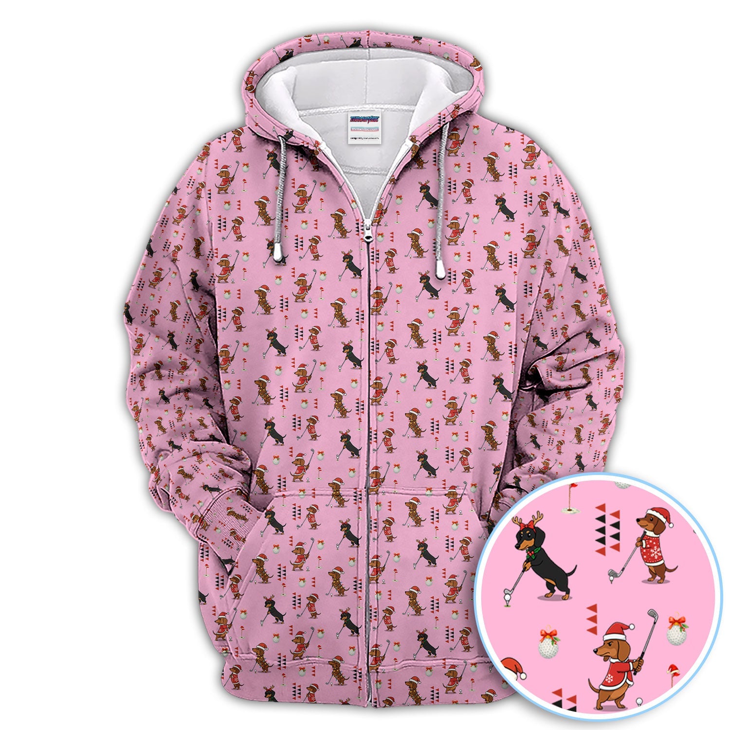 Christmas Dachshund Pattern Polos, Funny Xmas Wiener Dog Golf Shirt, Festive Golf Gift For Men