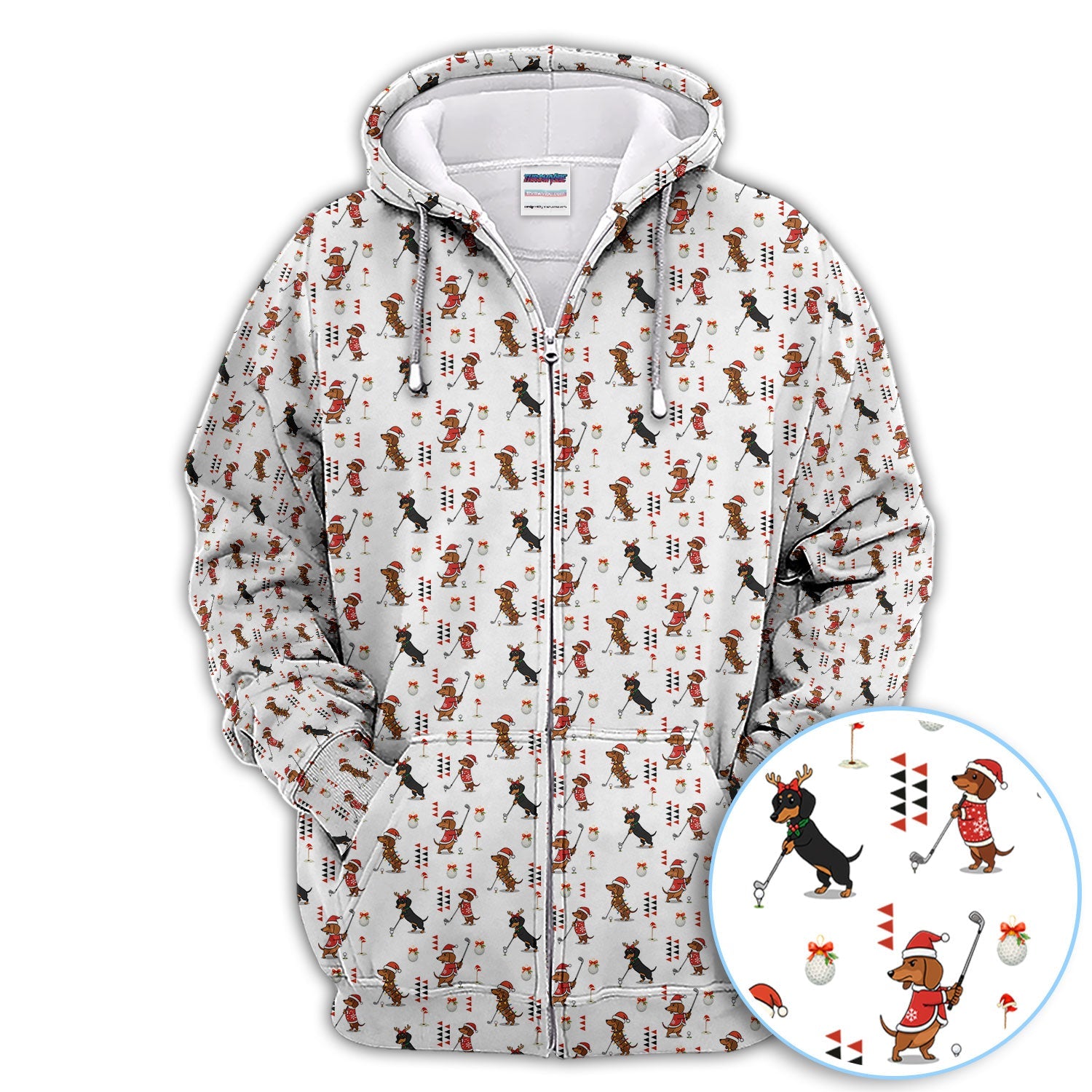 Christmas Dachshund Pattern Polos, Funny Xmas Wiener Dog Golf Shirt, Festive Golf Gift For Men