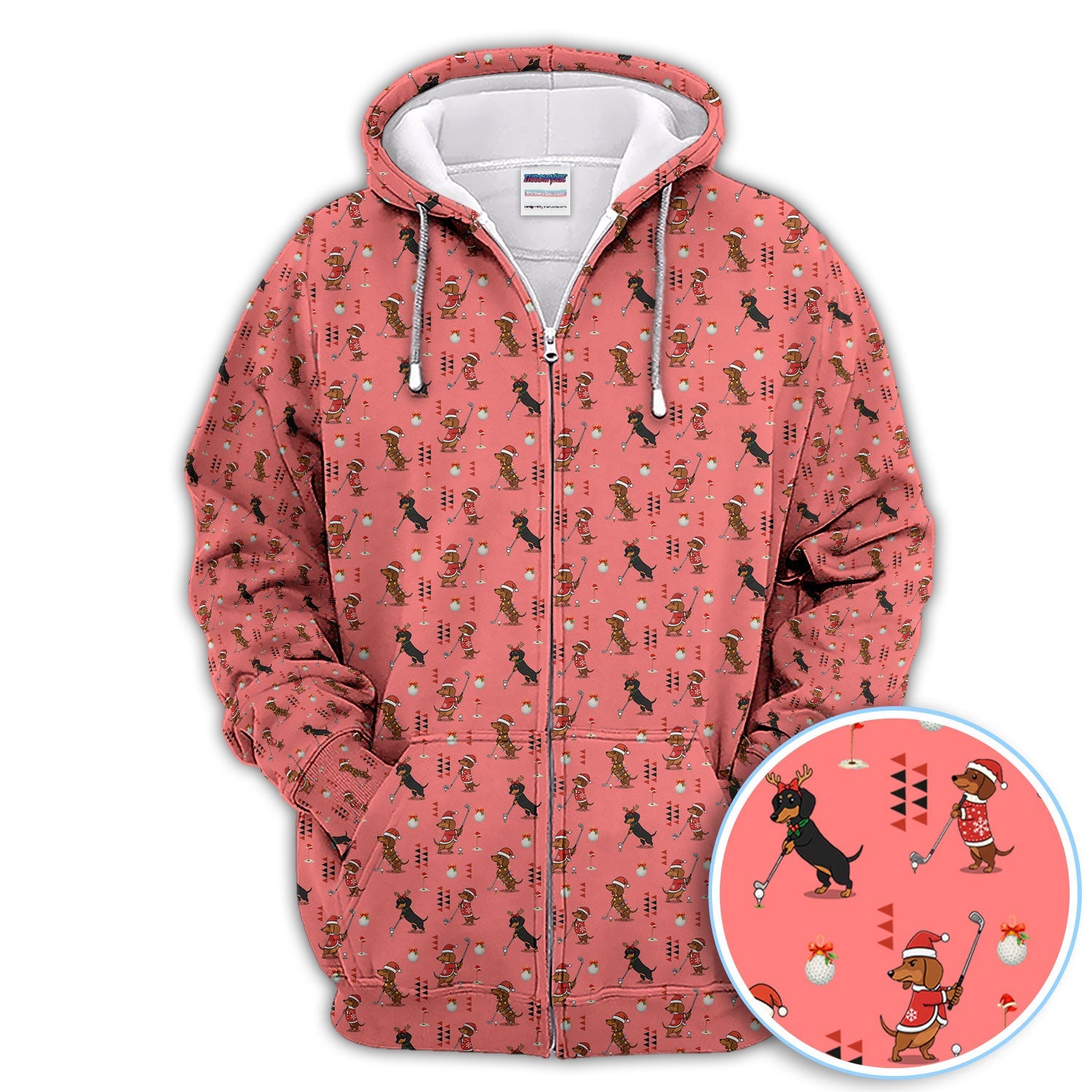 Christmas Dachshund Pattern Polos, Funny Xmas Wiener Dog Golf Shirt, Festive Golf Gift For Men