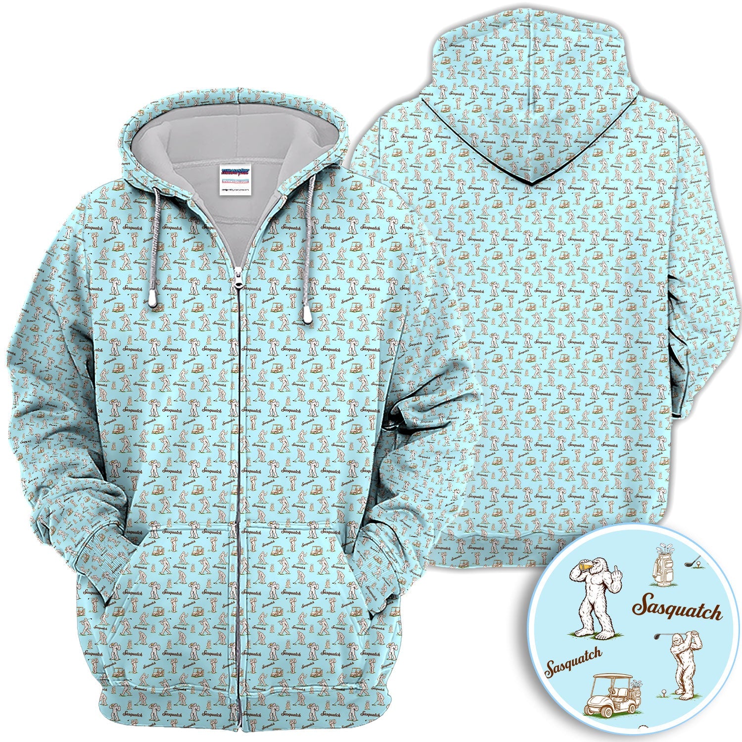 Vintage Sasquatch Golf Polo Shirt, Light Blue Bigfoot Pattern Shirt, Funny Golfer Gift For Men