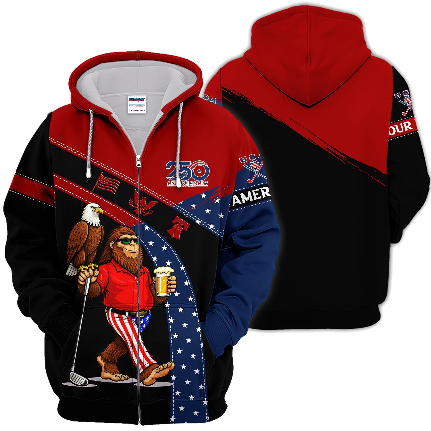 Funny Patriotic Golf Polos, Bigfoot Eagle Beer Pattern Shirt For Men, USA Golf Vibes