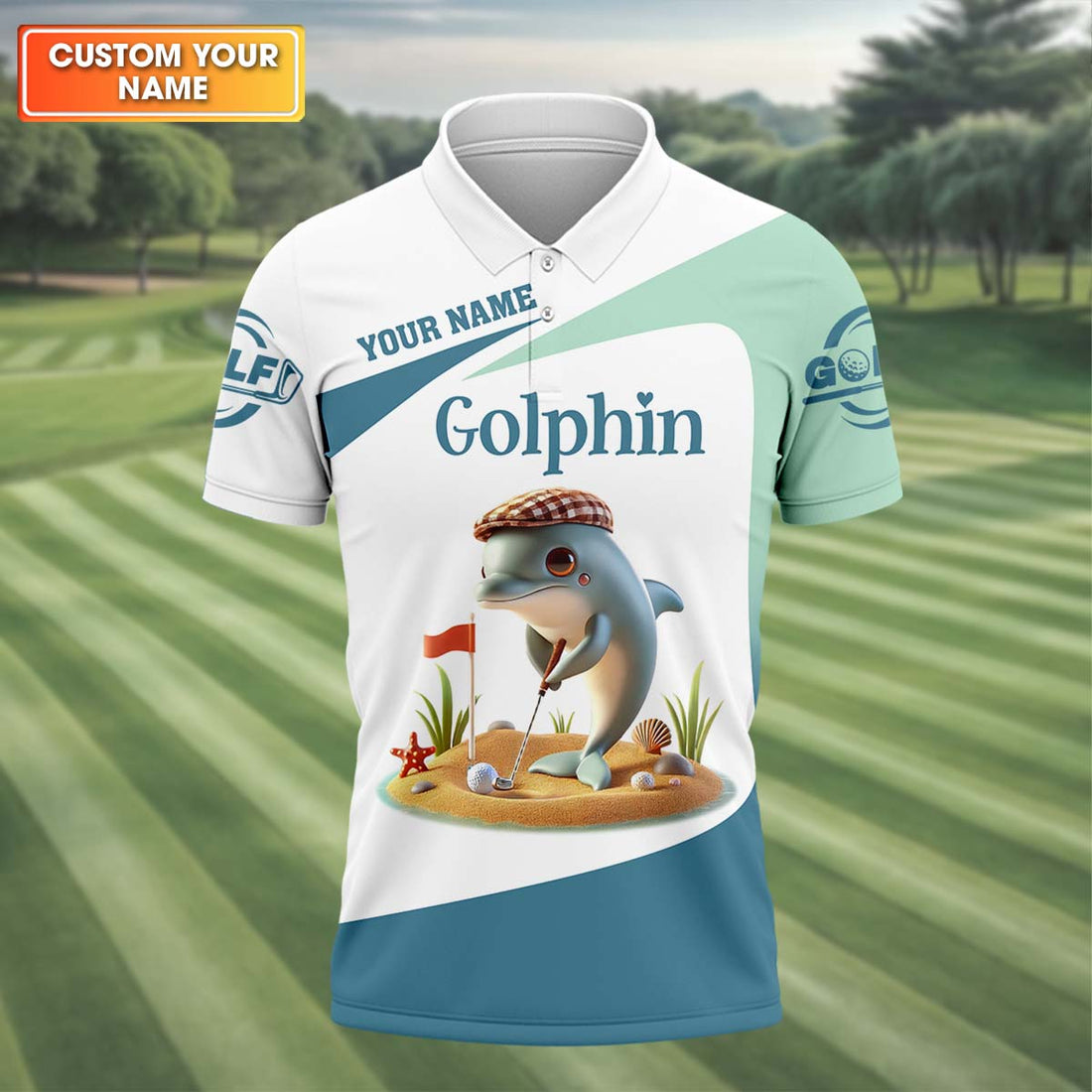 Golfin' Dolphin Custom Golf Polo Shirt, Golfing Apparel, Mens Golf Gift, Funny Golf Polo Shirt