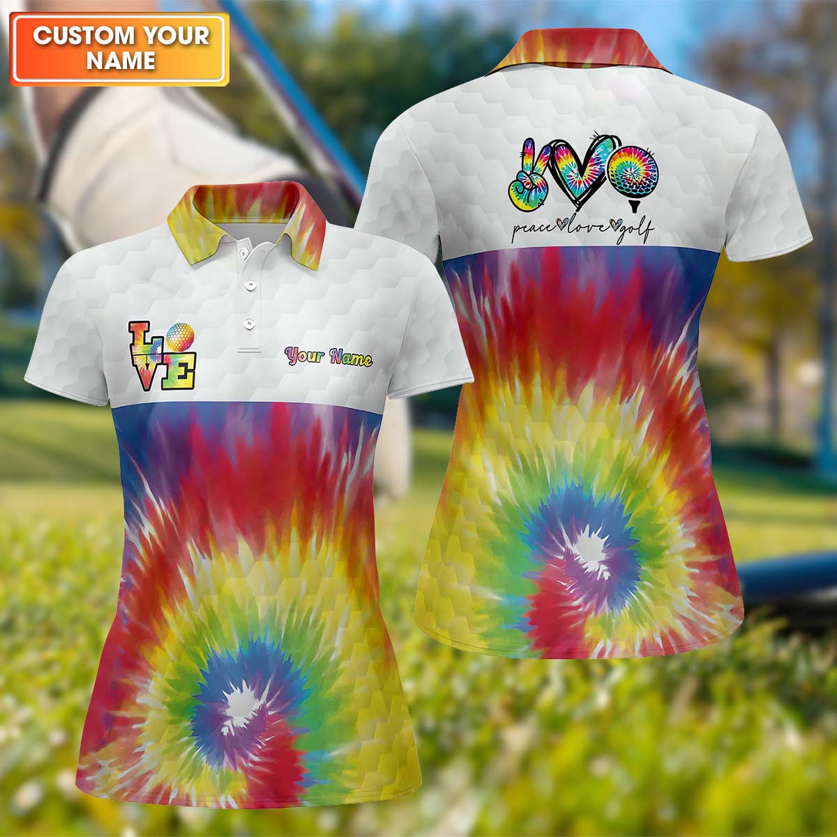 Peace Love Golf Tie Dye Sleeve Polos Womens, Custom Ladies Golf Shirt
