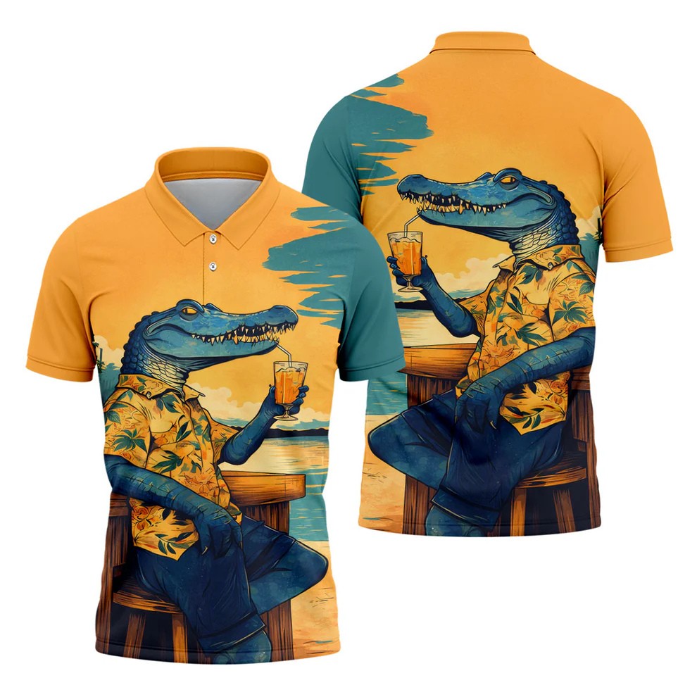 Funny Crocodile Tropical Theme Hawaiian Golf Shirt, Polo Shirts For Men, Golfing Apparel