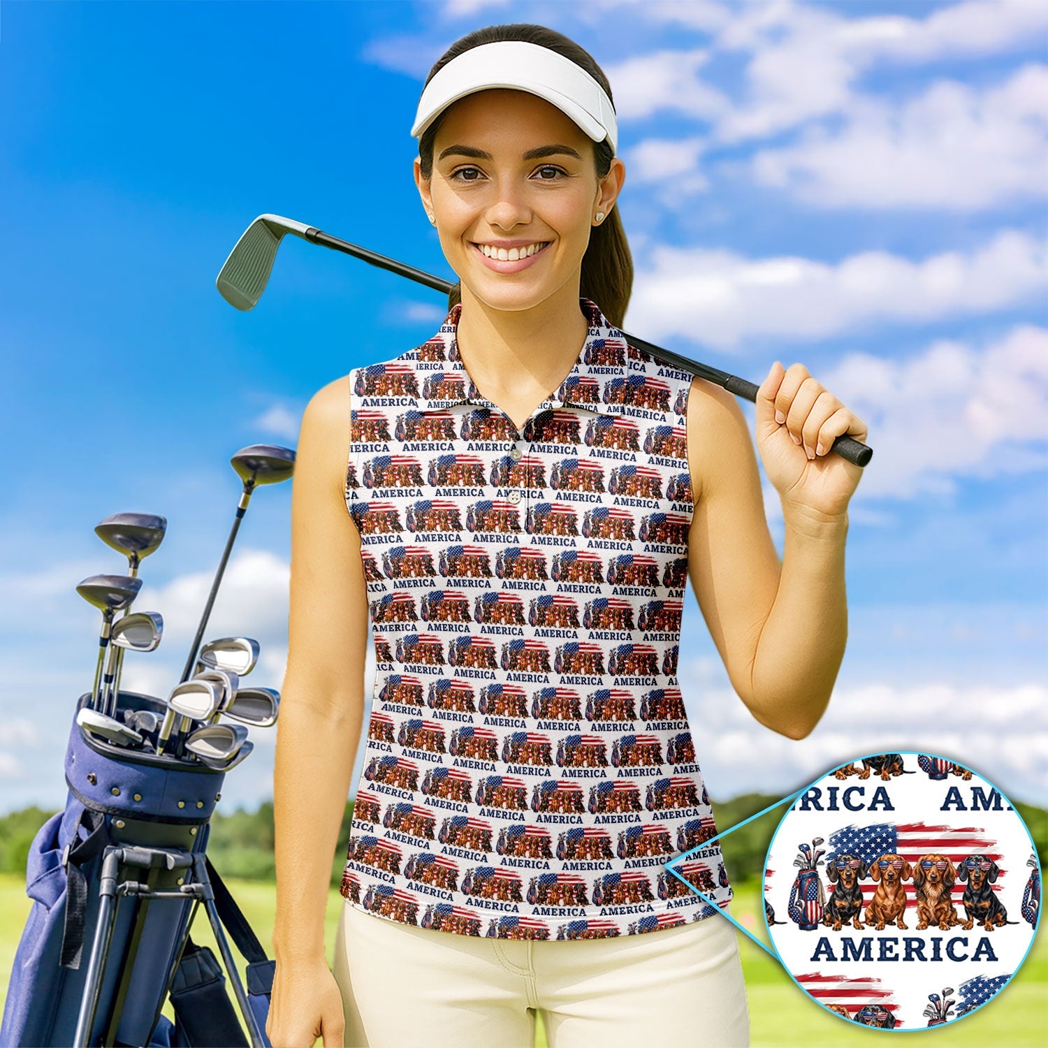 Dachshund America Pattern Golf Polos, Crazy Dachshund Golf Shirt For Women, Funny Golf Shirt