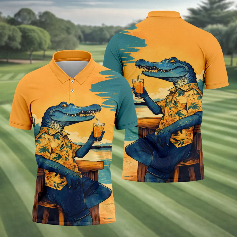 Funny Crocodile Tropical Theme Hawaiian Golf Shirt, Polo Shirts For Men, Golfing Apparel