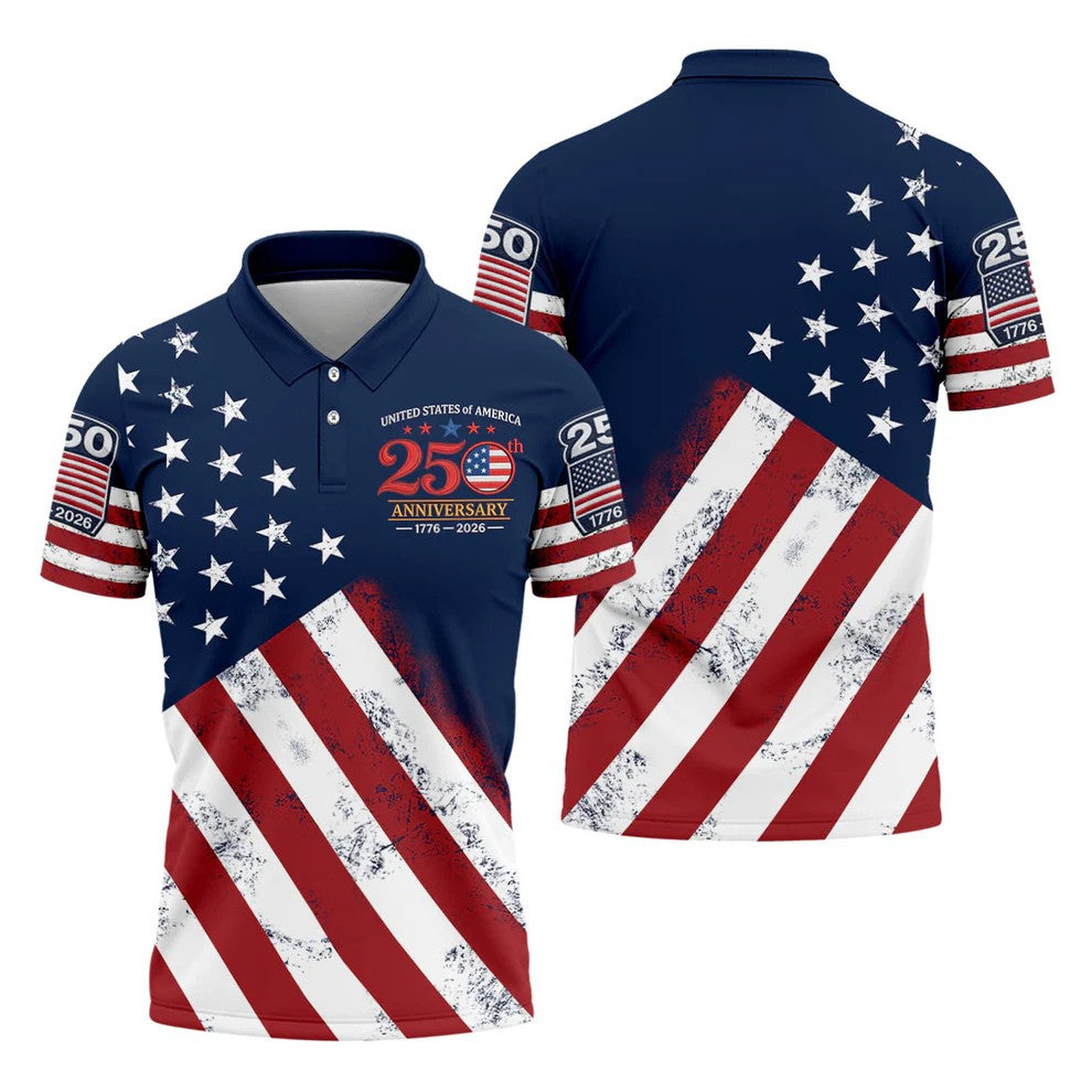 USA 250th Anniversary Father's Day American Flag Golf Shirt, 4th Of July Polo Shirts For Men