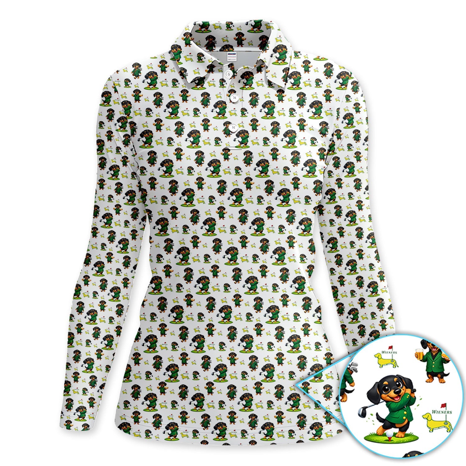 Funny Dachshund Golfing Golf Polos, Wiener Dog Pattern Golf Shirt For Women, Lucky Golf Vibes