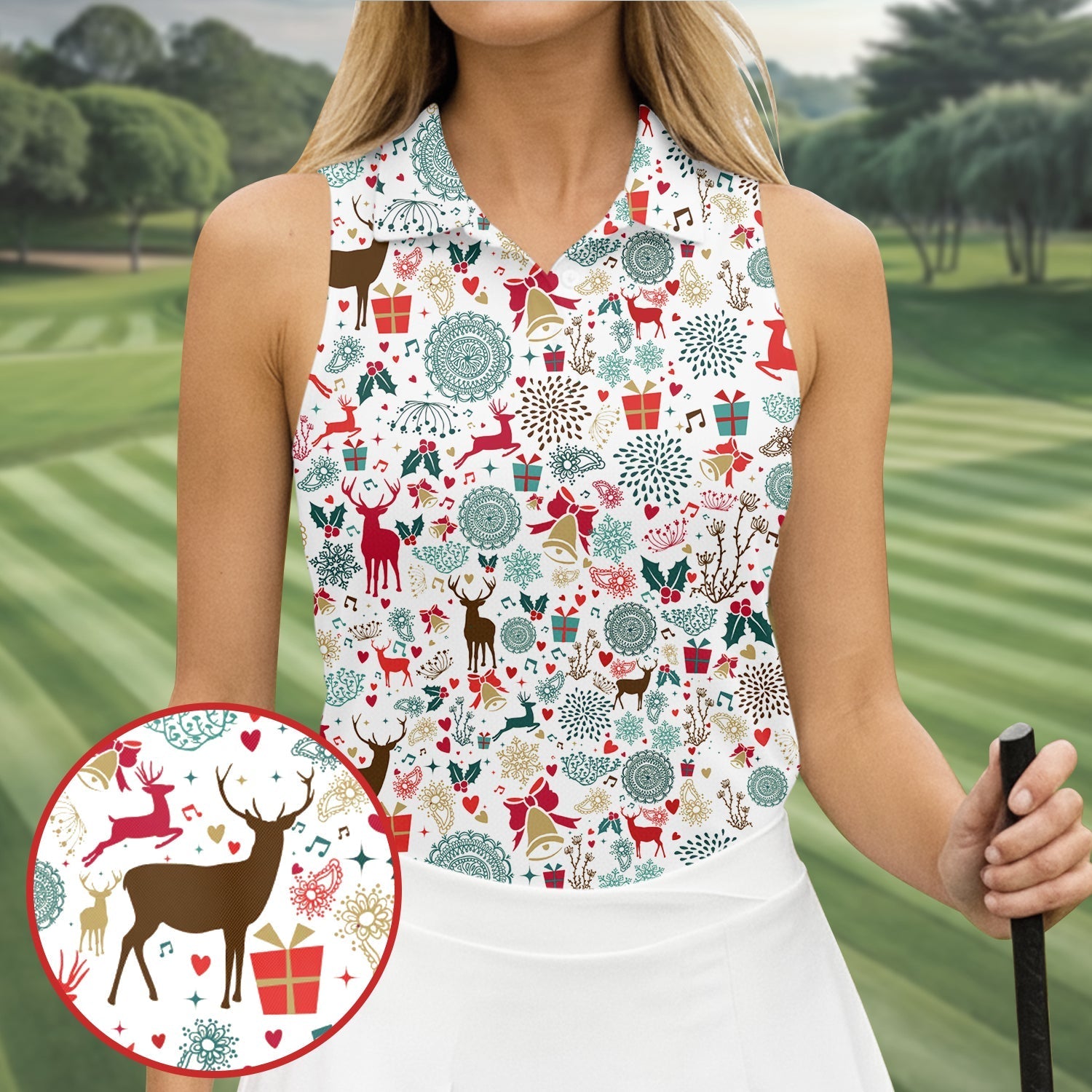 Vintage Reindeer White Christmas Golf Tops For Women, Gift Christmas Golf Shirt Polos, Ladies Golf Apparel