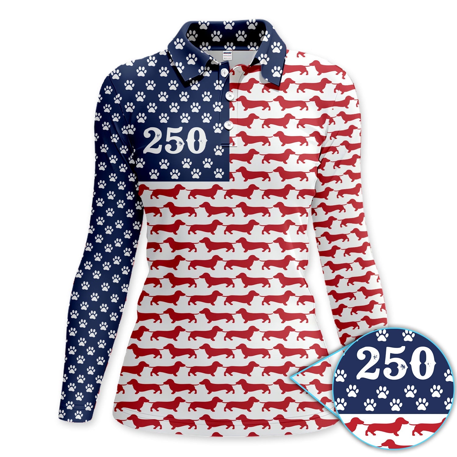 Dachshund USA Flag 250 Pattern Golf Polos, Crazy Dachshund Golf Shirt For Women, Funny Golf Shirt