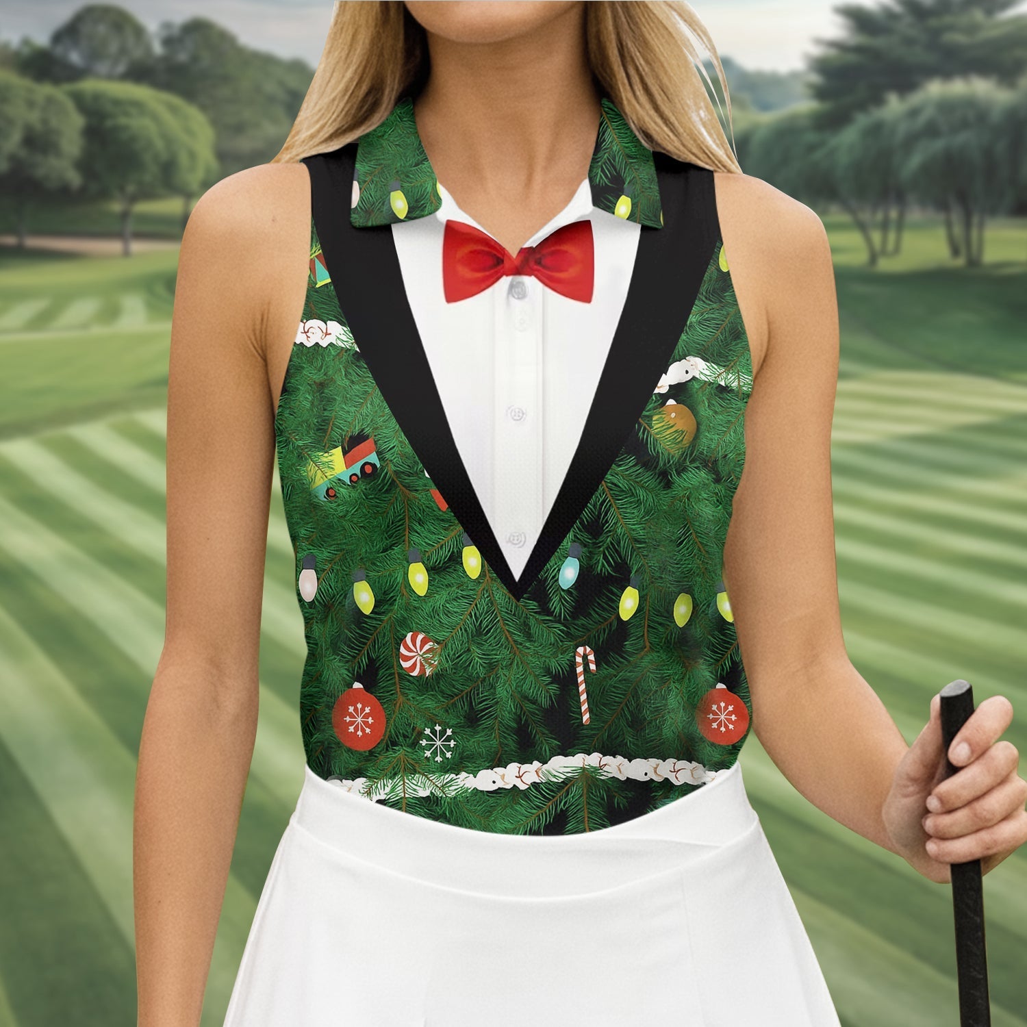 Christmas Tree Needles Green Festive Women Golf Top, Christmas Golf Shirt, Ladies Golf Tops