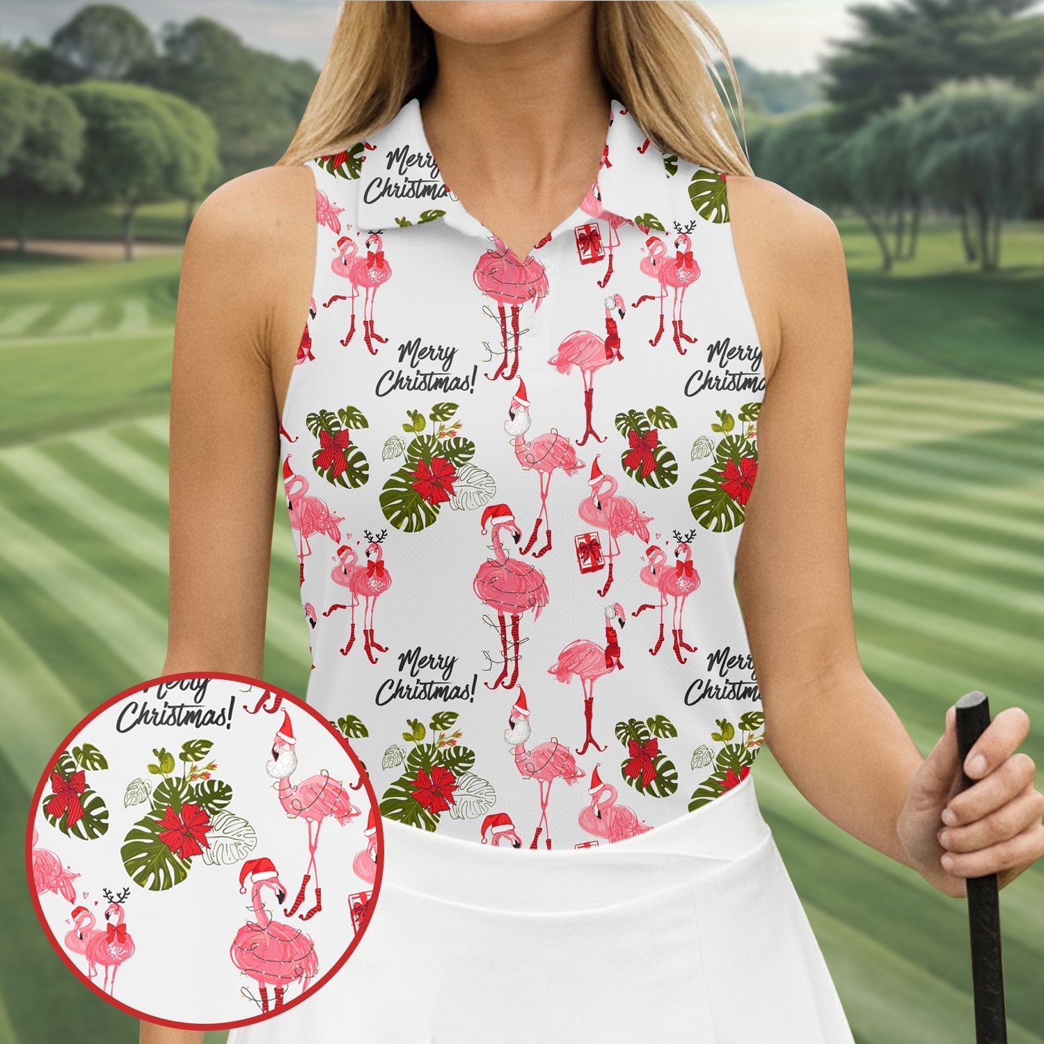 Flamingo Merry Christmas Golf Shirt For Women, Christmas Golf Shirt Polos, Ladies Golf Apparel