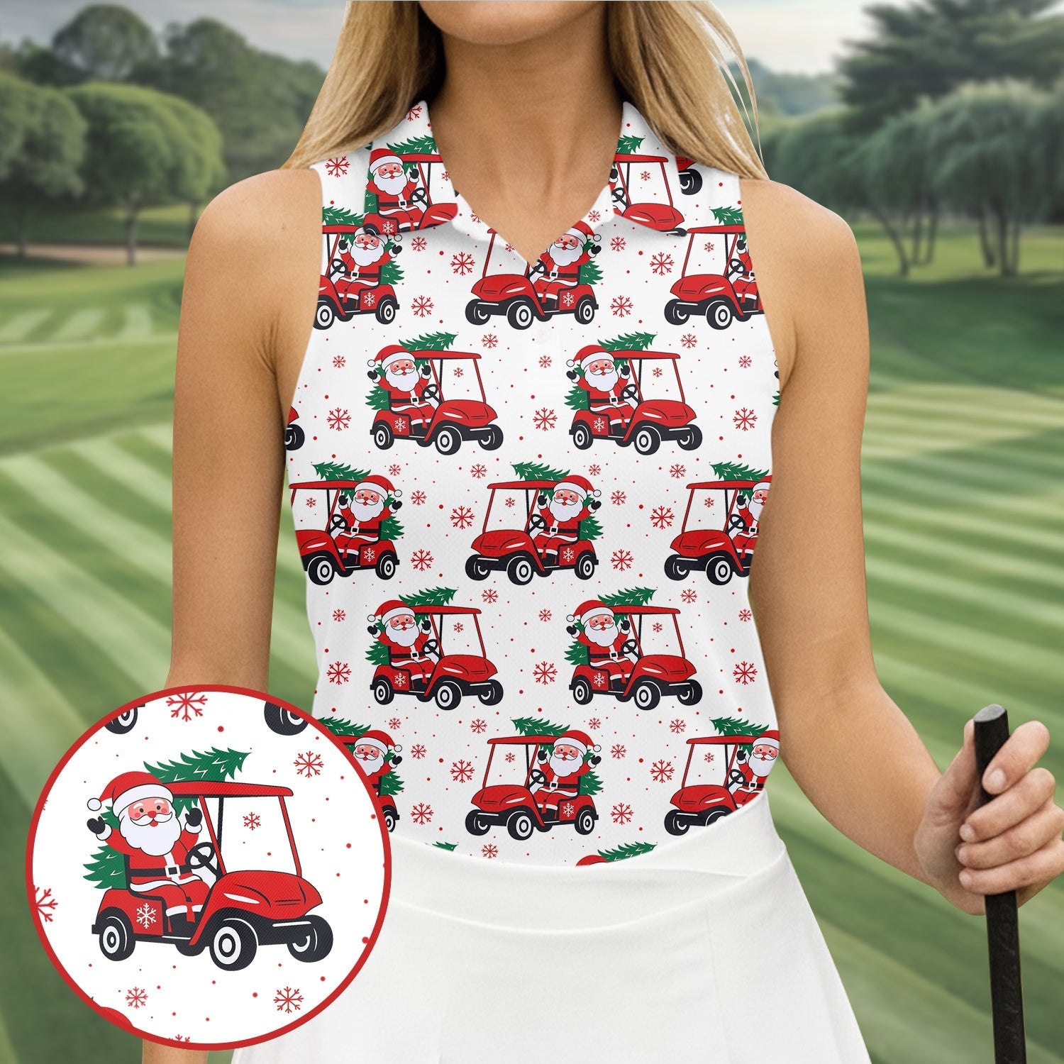 Santa Claus Golf Cart Christmas Golf Shirt, Women's Golf Tops, Ladies Golf Shirts, Golf Gift For Ladies