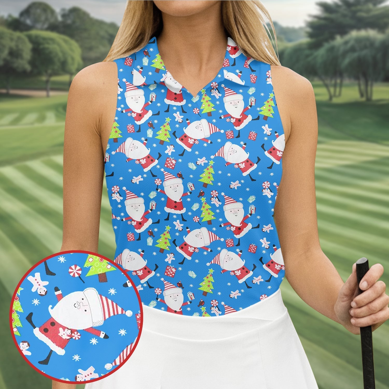 Funny Santa Claus Blue Golf Shirt, Christmas Golf Shirt, Fun Women's Golf Shirts, Ladies Golf Tops