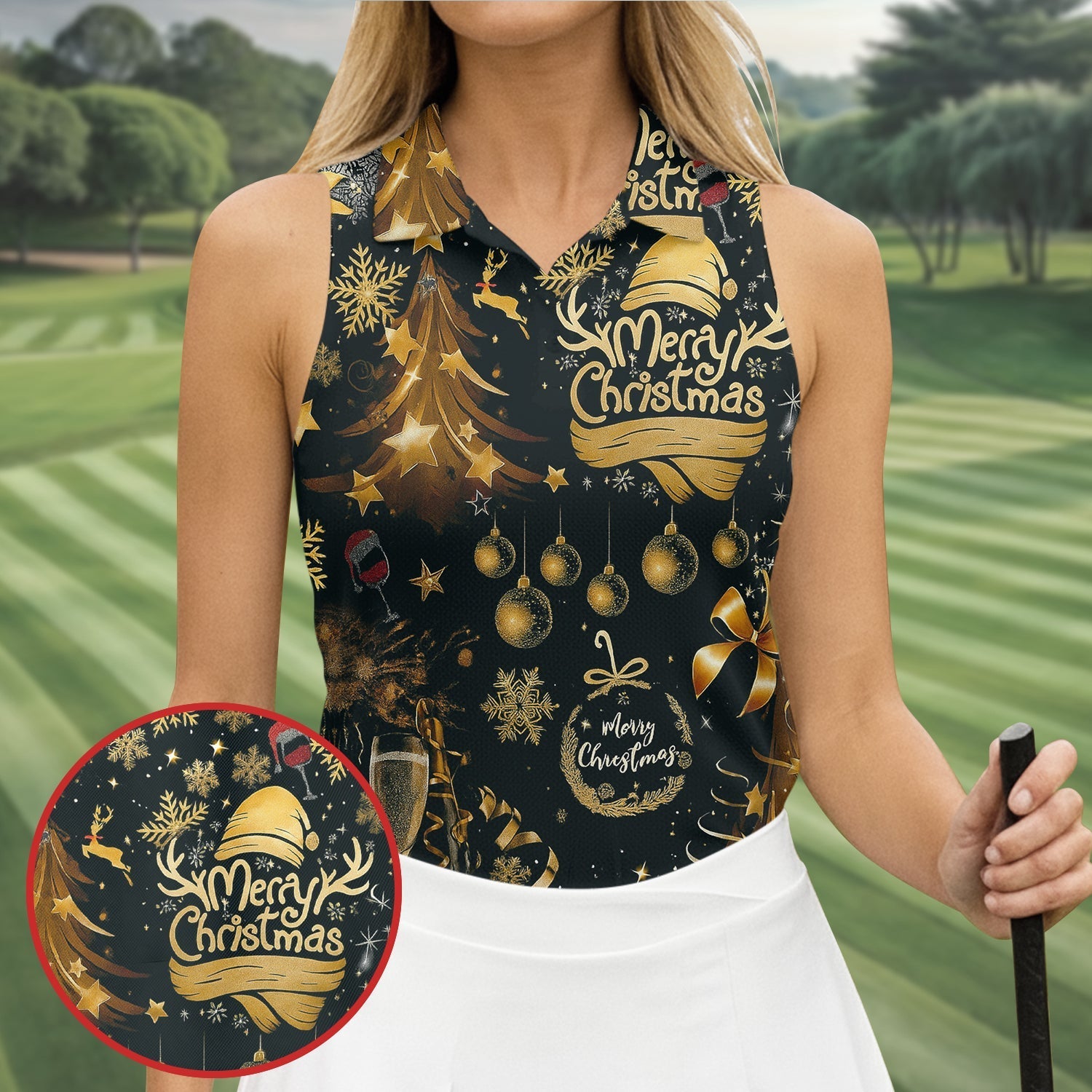 Champagne Golden Merry Christmas Women Golf Top, Christmas Golf Shirt, Ladies Golf Tops
