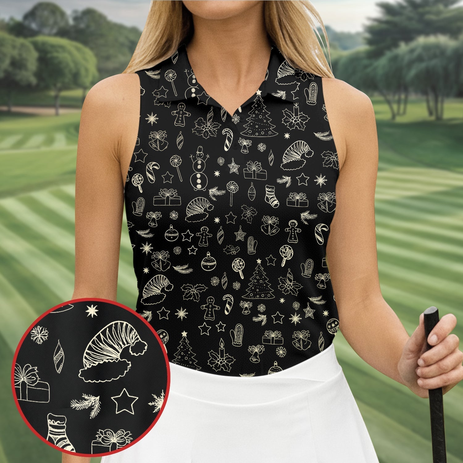 Festive Christmas Golden Pattern Women Golf Top, Christmas Golf Shirt, Ladies Golf Tops