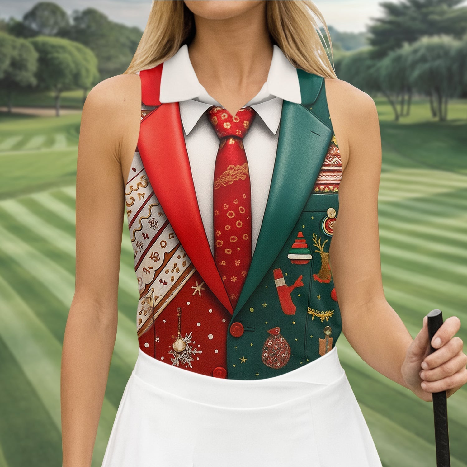 Red And Green Xmas Vintage Prints Women Golf Top, Christmas Golf Shirt, Ladies Golf Tops